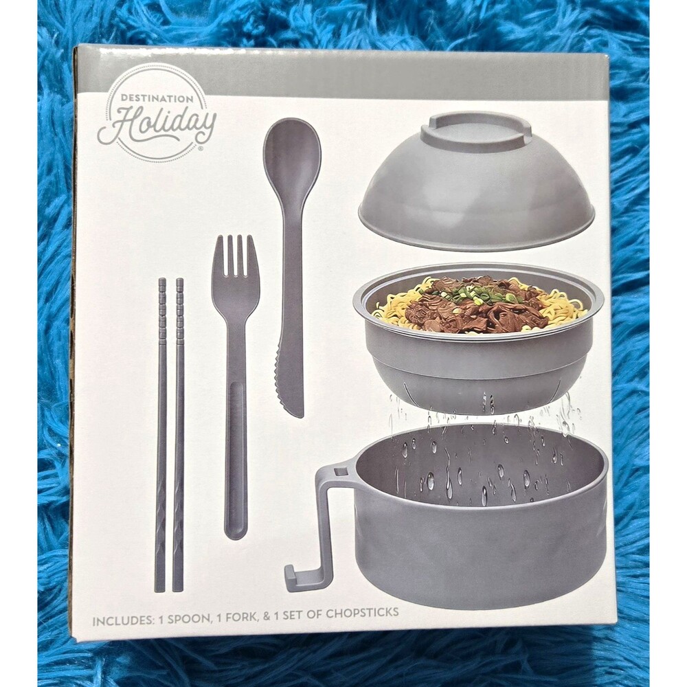 Destination Holiday Microwave Ramen Cooker Set Gray w/ Spoon Fork Chopsticks